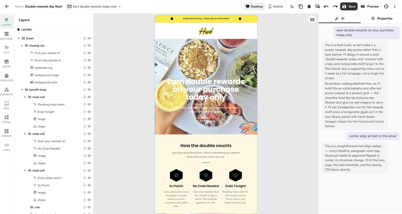The nexmail editor showing an email campaign with drag-and-drop layers and an AI edit panel